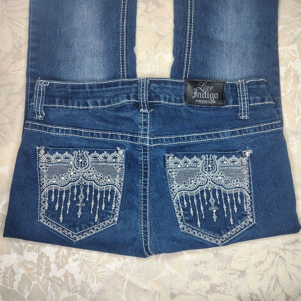Y2K Love Indigo Jeans Bootcut Lowrise Embellished Embroidered Pockets Jeans